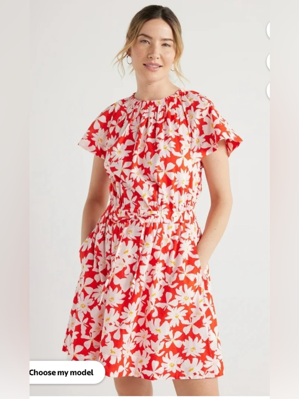 Free Assembly Dress Short Sleeve Red Floral Drawstring Elastic Waist Pockets M